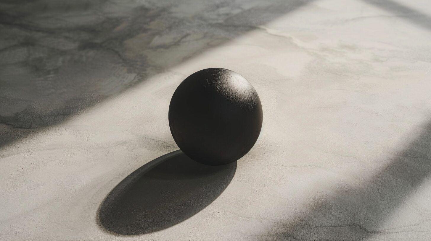 A polished black stone sphere rests on pale marble, casting a long shadow — symbolising weight, precision and accountability